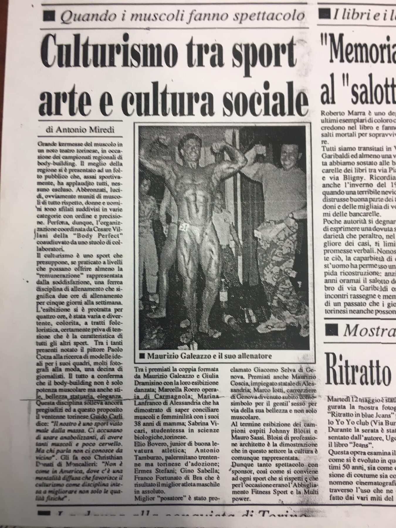 quotidiano locale di Torino, 1992: «Culturismo tra sport, arte e cultura sociale»