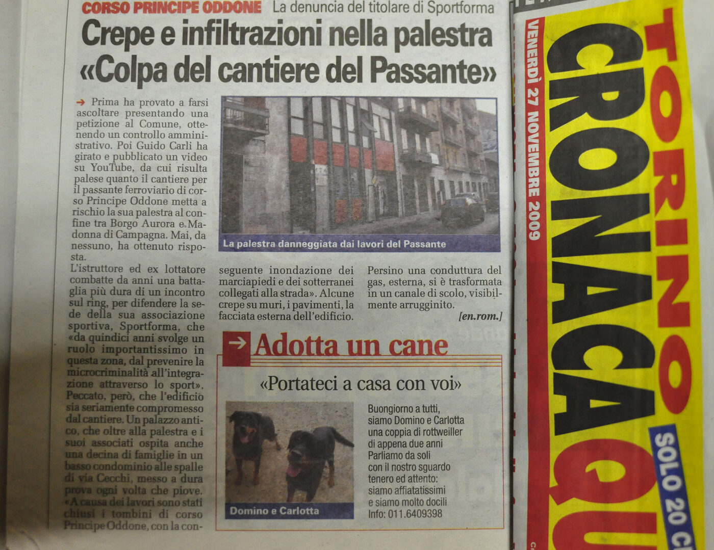 Torino Cronaca Qui, 27 novembre 2009: «Crepe e infiltrazioni nella palestra»