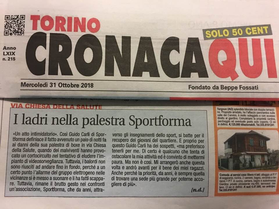 Torino Cronaca Qui, 31 ottobre 2018: «I ladri nella palestra Sportforma»